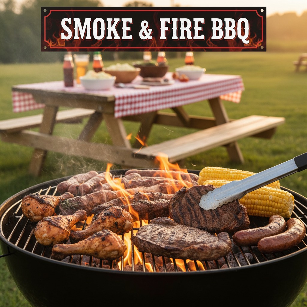 A grill filled with chicken, steaks, sausages, and corn on the cob sits in front of a picnic table with a red and white checkered tablecloth, topped with a sign that reads Smoke & Fire BBQ.