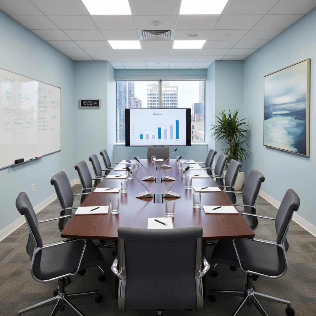 A modern conference room features a long wooden table surrounded by gray chairs, with a whiteboard on the left, a digital display showing a bar chart at the end, and a large abstract painting on the right wall.