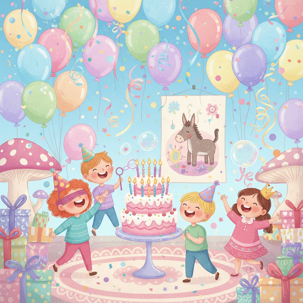 Four children celebrate a birthday party surrounded by presents, balloons, and a large frosted cake.